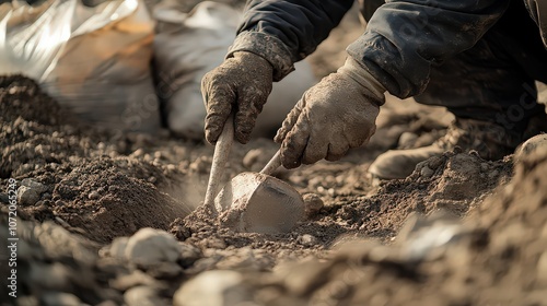  Hands carefully excavating artifact from ground, symbolizing detailed archaeological process aimed at understanding past civilizations.