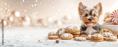 Christmas cookies and pet-safe treats concept. A cute puppy sits happily among cookies, creating a festive, playful atmosphere with a sprinkle of snow and warm holiday treats photo