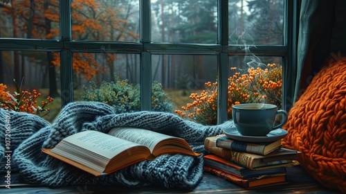 A person sits in a cozy armchair by the window, engrossed in a book. A warm blanket is draped over their lap, and a cup of tea steams on the table beside them, creating a serene, relaxing atmosphere