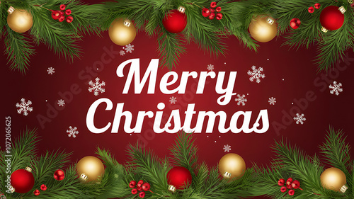 A warm Christmas greeting banner with a red background and green Christmas trees adorned with gold and red ornaments illustration image.