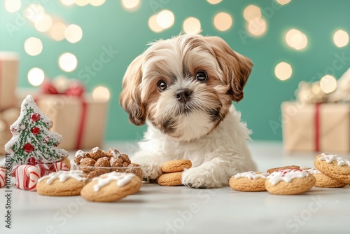 Christmas cookies and pet-safe treats concept. Adorable puppy surrounded by Christmas cookies and festive decorations, creating a cheerful holiday atmosphere photo