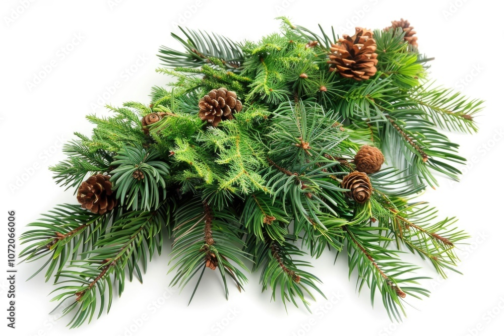 A bunch of pine branches with cones on a white background, great for decoration or design A bunch of pine branches with cones on a white background, great for decoration or design