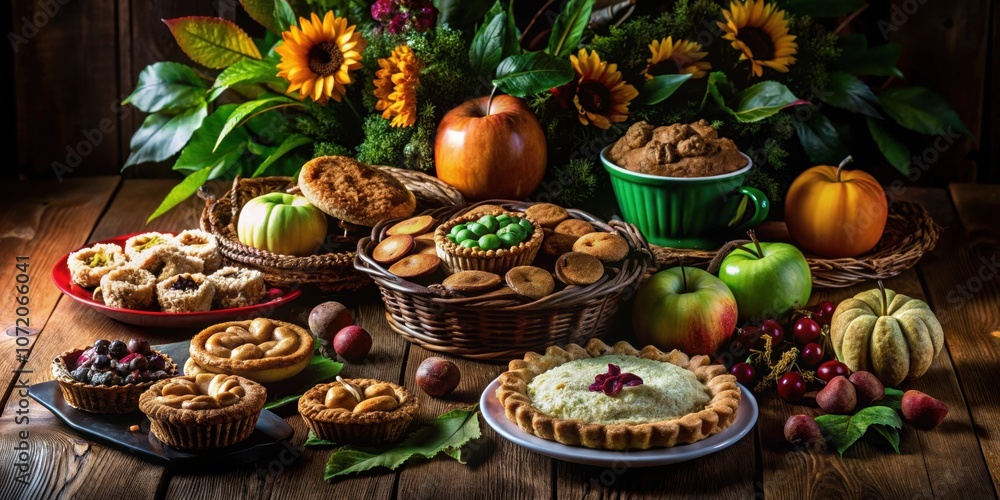 A Rustic Table Setting with a Basket of Mini Pies, Apples, Pumpkins, and a Green Mug Filled with Cake A Rustic Table Setting with a Basket of Mini Pies, Apples, Pumpkins, and a Green Mug Filled with Cake