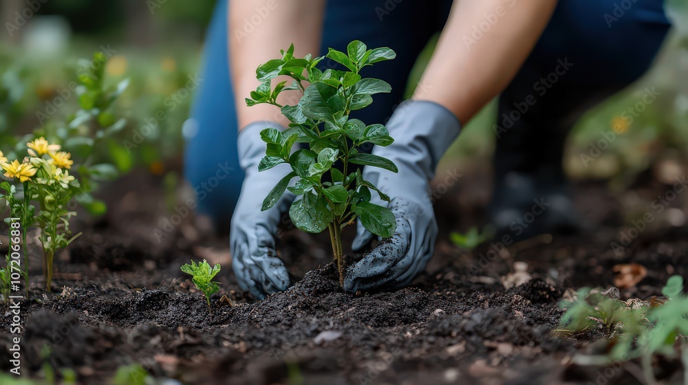 Gardener's hands planting small green sapling in soil, symbolizing growth, care for environment, and dedication to nurturing life. Gardener's hands planting small green sapling in soil, symbolizing growth, care for environment, and dedication to nurturing life.