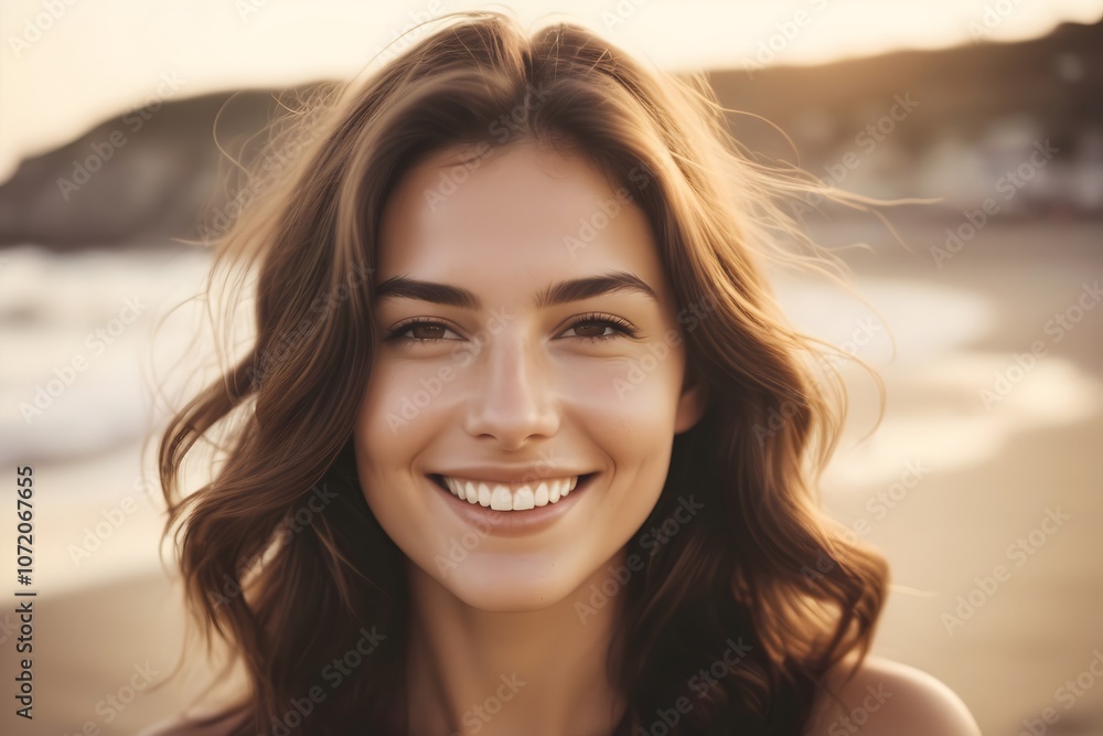 Close-up portrait of young beautiful woman with dark hair and a bright smile, on a beach at sunset. Close-up portrait of young beautiful woman with dark hair and a bright smile, on a beach at sunset.
