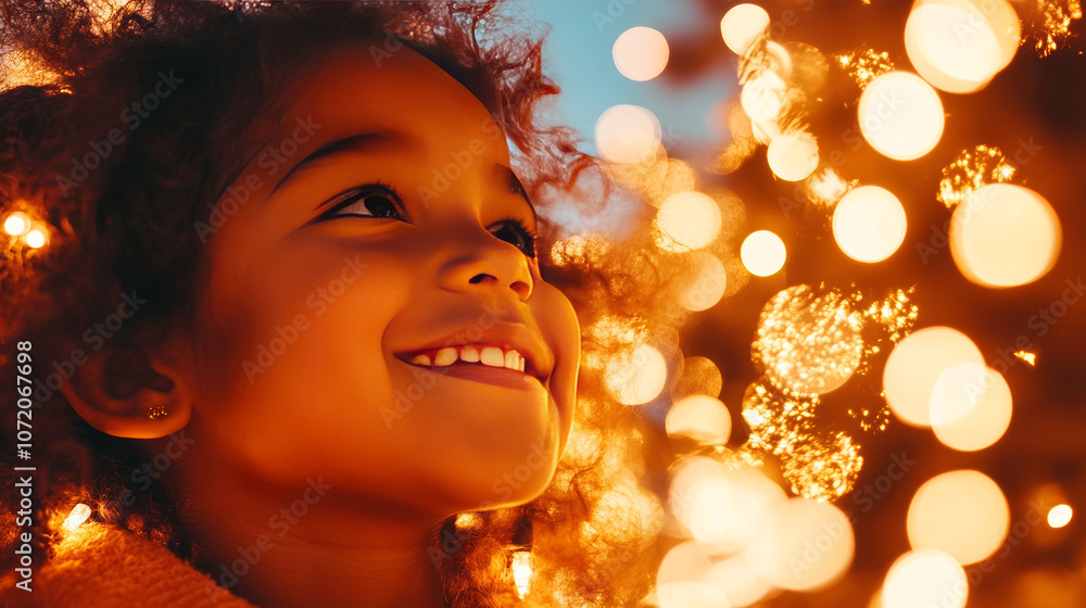 Fototapeta premium Young girl smiles brightly with holiday lights in the background.