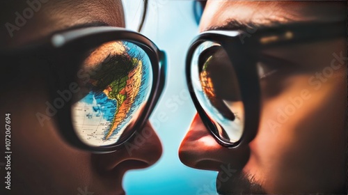 A close-up of a couple looking into each other's eyes, with a world map reflected in their glasses. The reflection of the map in their glasses symbolizes their shared desire for adventure and explorat photo