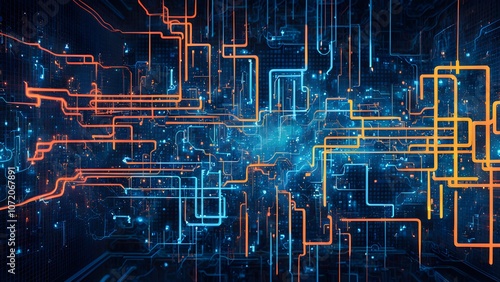 Abstract digital circuitry design with vibrant blue and orange lines on a dark background.