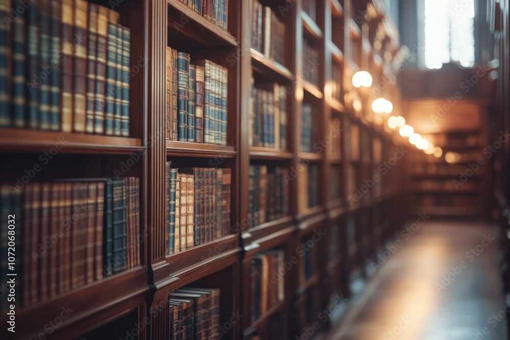 A long row of books on shelves in a quiet library setting A long row of books on shelves in a quiet library setting