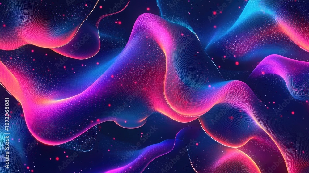 Obraz premium Abstract digital art with flowing, neon pink and blue waves and red dots on a dark background.