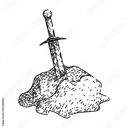 legend sword stone hand drawn. myth merlin, camelot magic, knights destiny legend sword stone vector sketch. isolated black illustration
