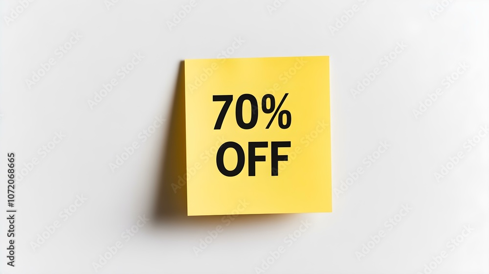 Black '70% OFF' Text on a Gold Square Paper Note. White Background with Copy Space Black '70% OFF' Text on a Gold Square Paper Note. White Background with Copy Space
