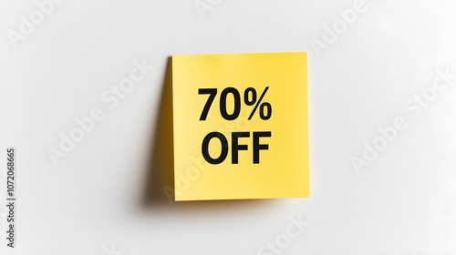 Black '70% OFF' Text on a Gold Square Paper Note. White Background with Copy Space