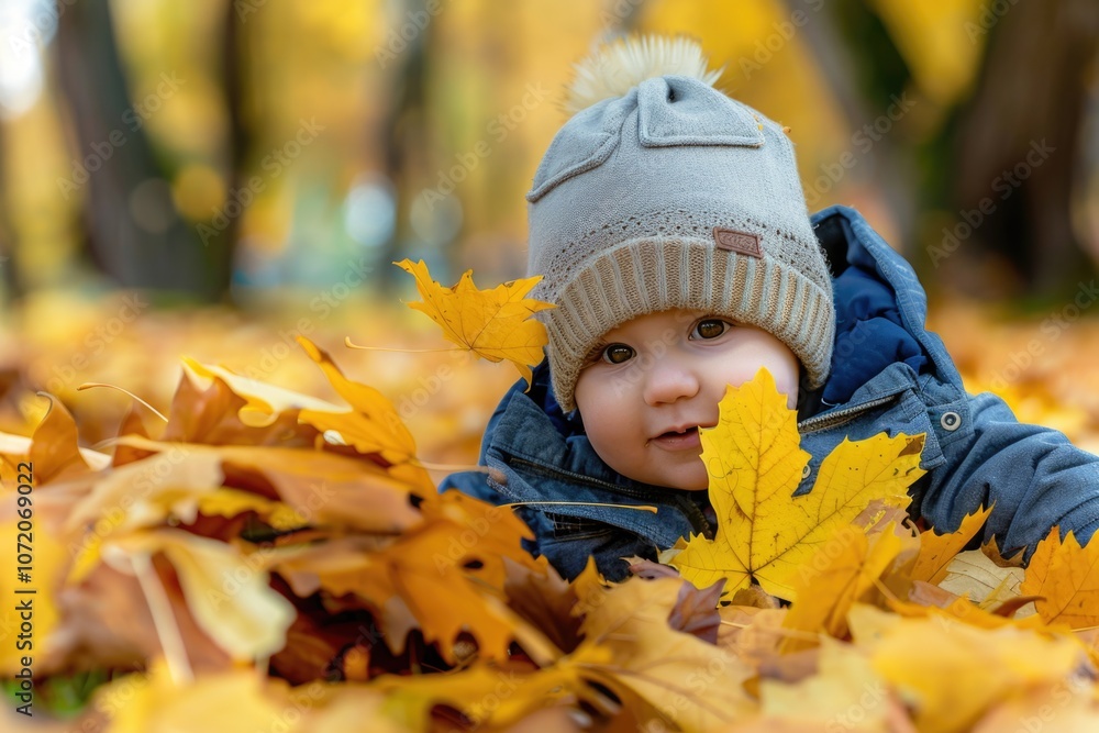 A small child lying on a pile of colorful leaves, enjoying the outdoors A small child lying on a pile of colorful leaves, enjoying the outdoors