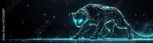 A robotic AI animal protecting endangered species, digital representation of a glowing, futuristic panther with blue eyes, set against a dark background, showcasing a dynamic and technological theme. photo