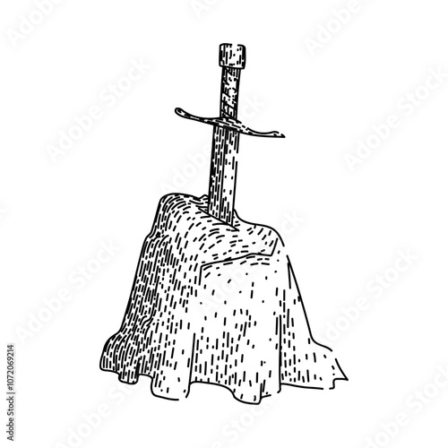 myth sword stone hand drawn. merlin camelot, magic knights, destiny prophecy myth sword stone vector sketch. isolated black illustration