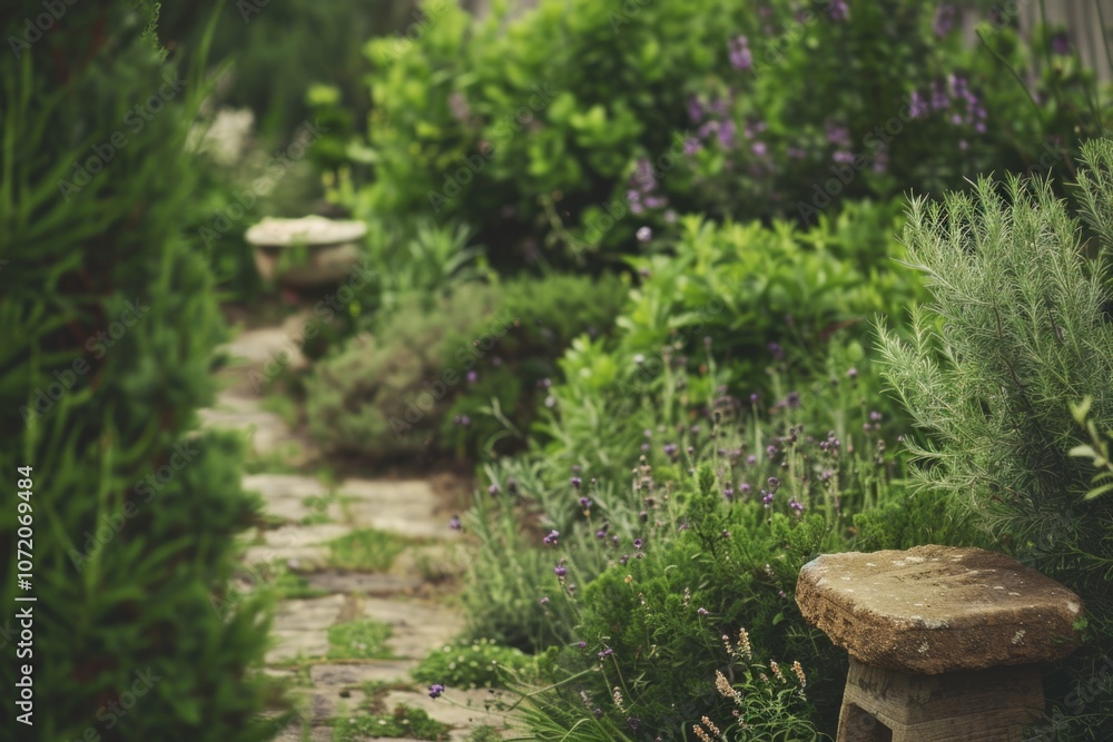 A stone bench surrounded by lush greenery and vibrant flowers in a beautiful garden A stone bench surrounded by lush greenery and vibrant flowers in a beautiful garden