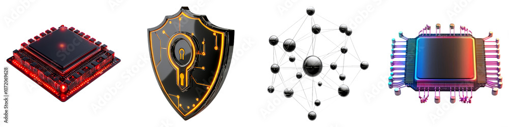 Fototapeta premium The image features four distinct technological elements: a microchip, a shield symbolizing security, a molecular structure, and another advanced microchip.