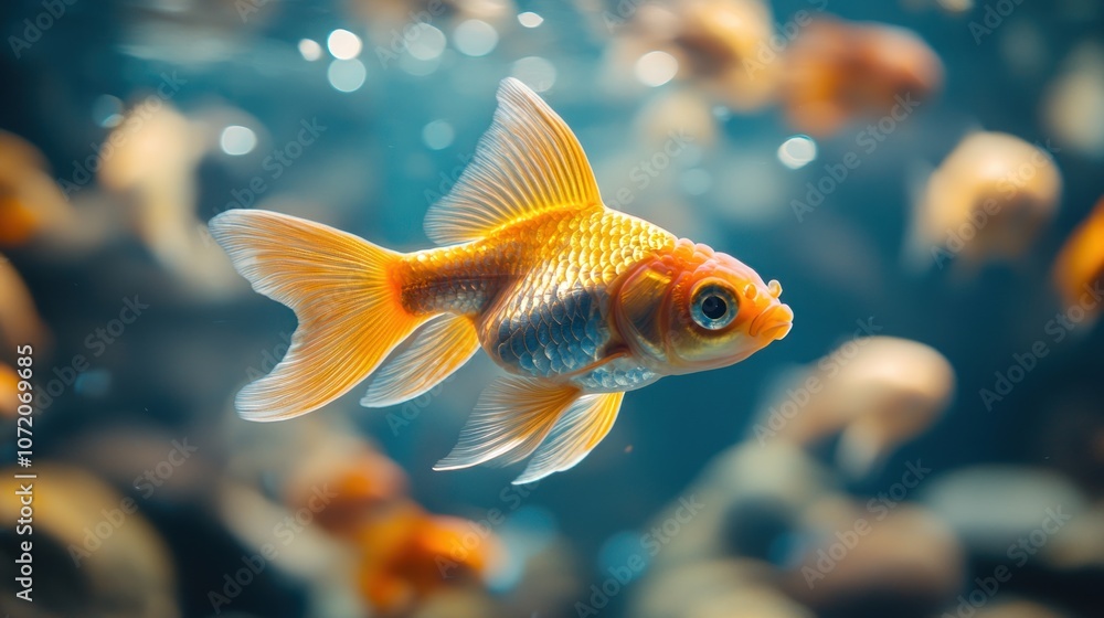 A single goldfish swimming in a school of other goldfish. A single goldfish swimming in a school of other goldfish.