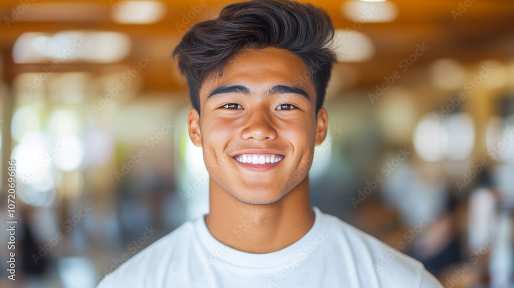 Fototapeta premium Smiling young Asian man in a white t-shirt.