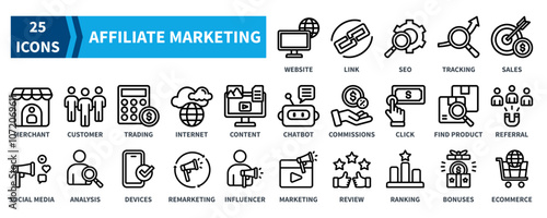 Affiliate Marketing icon collection set. Containing website, link, seo, tracking, sales, customer, internet, content, social media, influencer, commissions icon. Simple black  outline vector.