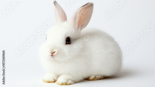  Small white rabbit sitting with ears upright and nose twitching, facing forward in a cute, alert pose.