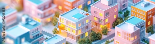 A vibrant cityscape featuring colorful houses and illuminated windows, conveying a lively urban atmosphere.