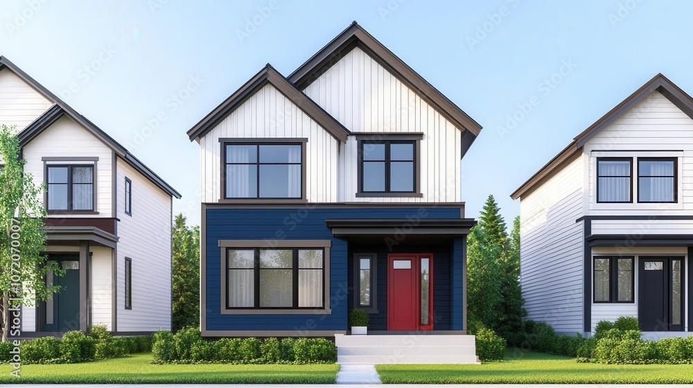 A modern house with a blue facade and red door, surrounded by green shrubs and two neighboring homes under a clear sky. A modern house with a blue facade and red door, surrounded by green shrubs and two neighboring homes under a clear sky.