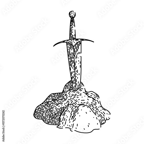 camelot sword stone hand drawn. magic knights, destiny prophecy, britain medieval camelot sword stone vector sketch. isolated black illustration