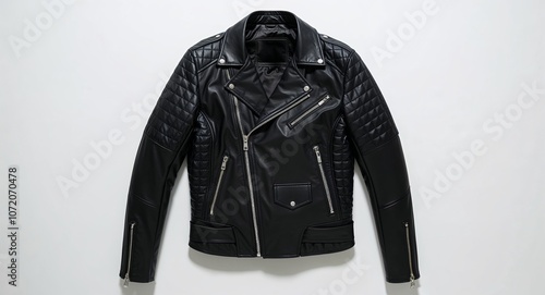 Black faux leather biker jacket with quilted panels and asymmetrical zipper display on plain white background