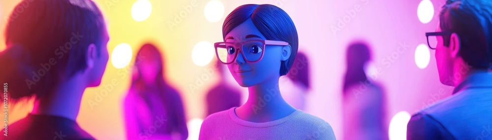 A vibrant scene featuring a stylish character with glasses, surrounded by people in colorful lighting, creating an engaging and modern atmosphere. A vibrant scene featuring a stylish character with glasses, surrounded by people in colorful lighting, creating an engaging and modern atmosphere.
