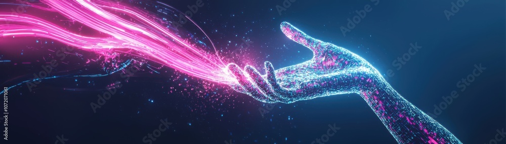A glowing digital hand reaching out, surrounded by vibrant neon light trails, symbolizing connection and technology. A glowing digital hand reaching out, surrounded by vibrant neon light trails, symbolizing connection and technology.