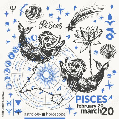 Hand drawn pisces zodiac sign illustration, horoscope background with astrology symbols and talismans