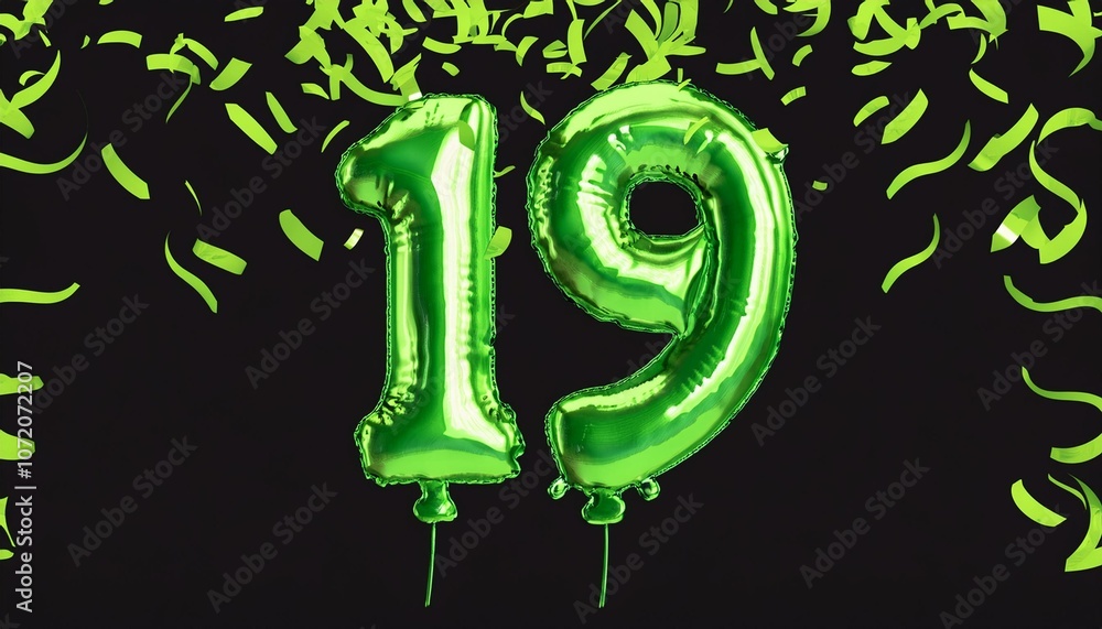 Green birthday / anniversary balloon, number 19, black background with confetti Green birthday / anniversary balloon, number 19, black background with confetti