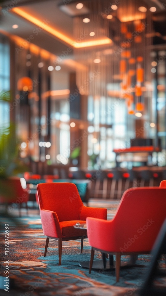 Modern hotel lobby with vibrant red armchairs, warm ambient lighting, and colorful patterned carpet, creating an inviting and stylish atmosphere for guests. Modern hotel lobby with vibrant red armchairs, warm ambient lighting, and colorful patterned carpet, creating an inviting and stylish atmosphere for guests.