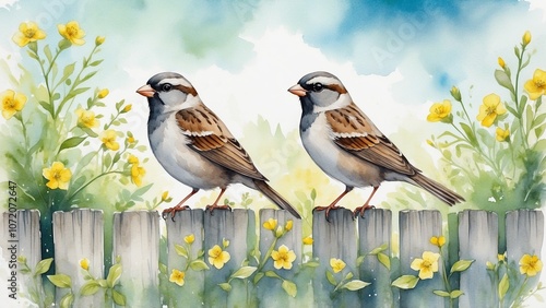 Two cheerful sparrows, joyful mood, sitting on a fence with blooming flowers in a watercolor style photo