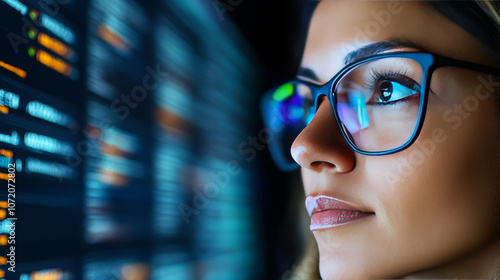 Young woman in glasses looking at a computer screen.