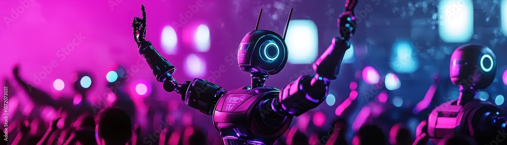A vibrant scene featuring robotic figures conducting a lively crowd amidst colorful lights, illustrating the fusion of technology and entertainment. A vibrant scene featuring robotic figures conducting a lively crowd amidst colorful lights, illustrating the fusion of technology and entertainment.