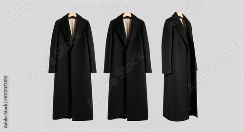 Black wool overcoat with notch lapel and single breasted front display on plain white background photo