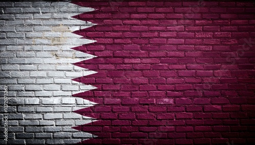 カタールの国旗がペイントされたレンガの壁。(Brick wall painted with the Qatar flag.) 