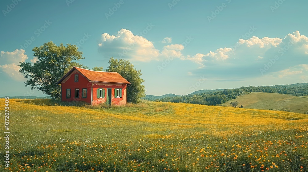 Fototapeta premium Lonely house on green grassland under blue skys