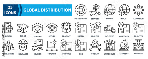 Global Distribution icon collection set. Containing  global distribution, services, export, import, expansion, digital, cargo, logistic, delivery, strategy icon. Simple black outline vector.