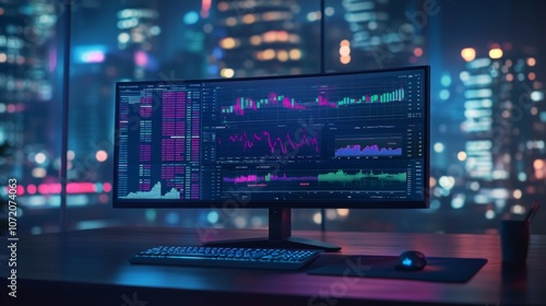 Computer monitor displaying an abstract Financial Data Visualization on Desktop in Dark Room with