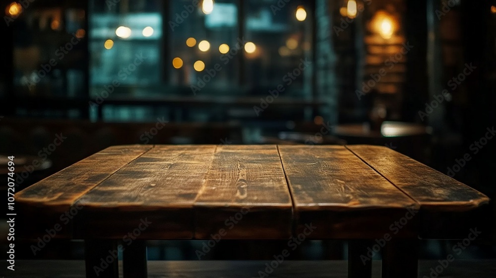 Rustic wooden table in foreground of dimly lit restaurant, warm ambient lighting creates cozy atmosphere. Blurred background hints at intimate dining space. Rustic wooden table in foreground of dimly lit restaurant, warm ambient lighting creates cozy atmosphere. Blurred background hints at intimate dining space.