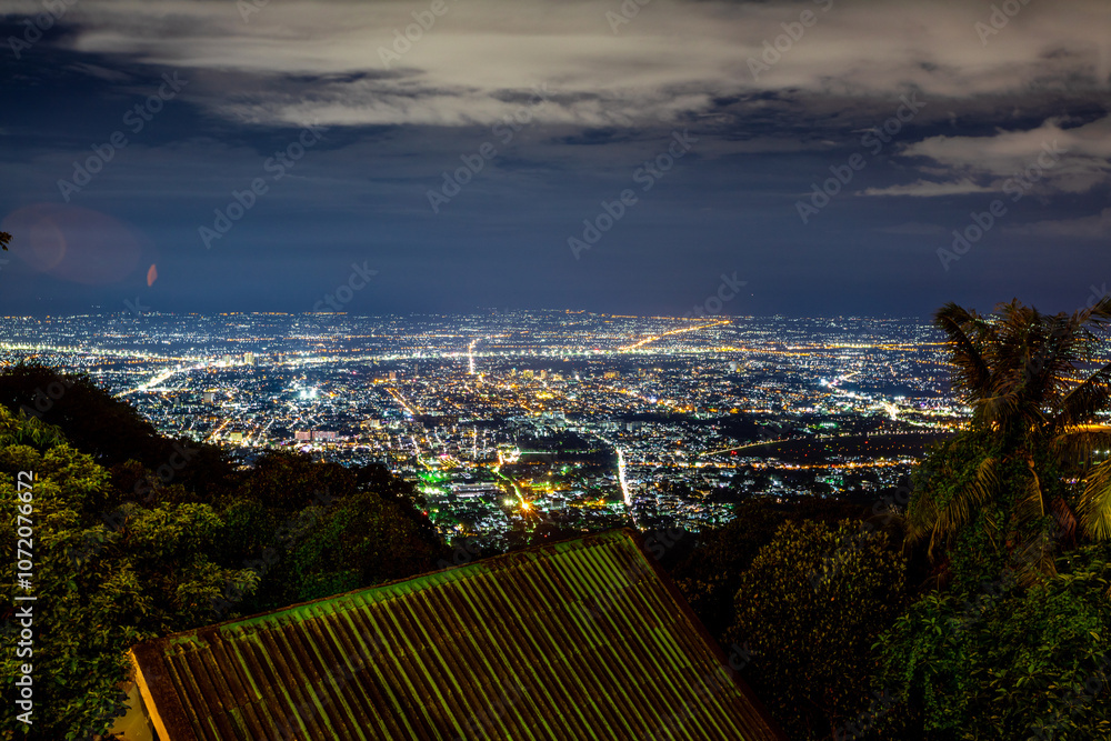 Obraz premium Panoramic nature background from a viewpoint on a high mountain overlooking the scenery below, river, road, rocks, trees, the beauty of nature during a trip in Khon Kaen, Thailand.