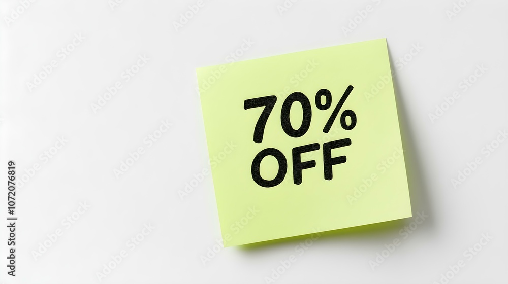 Black '70% OFF' Text on a Light Green Square Paper Note. White Background with Copy Space Black '70% OFF' Text on a Light Green Square Paper Note. White Background with Copy Space