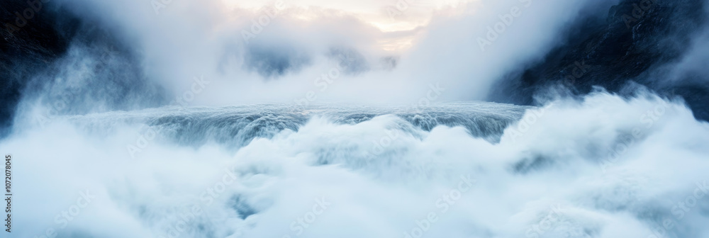 Obraz premium Waterfall mist creates a surreal landscape, with the cascading water hidden by a thick cloud of spray.