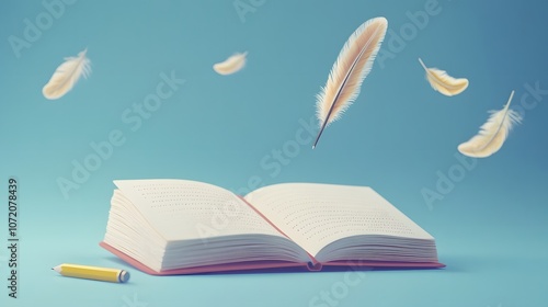 A 3D notepad and pencil with floating 2D icons of literature like book and feather quill, representing literature studies, 4k resolution, ultra-realistic, uncluttered background photo