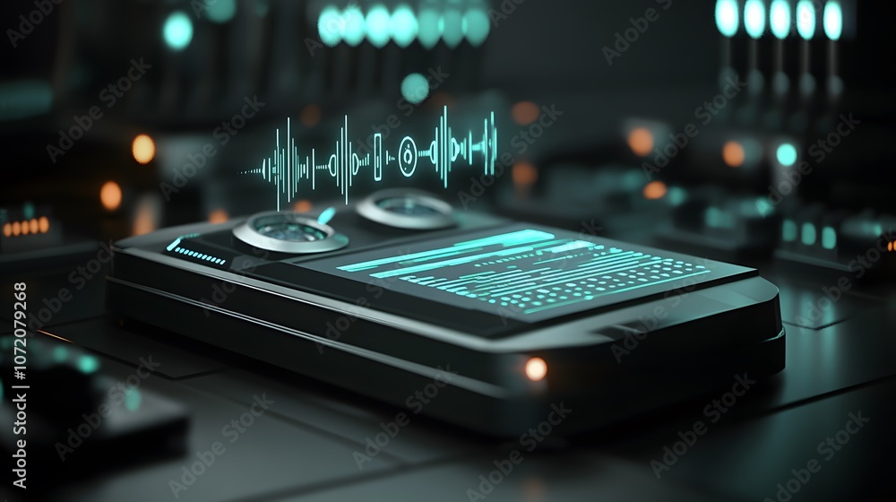 A 3D field communication device with floating 2D radio frequency and encryption icons, creating a secure communications setup, 4k resolution, ultra-realistic, uncluttered background A 3D field communication device with floating 2D radio frequency and encryption icons, creating a secure communications setup, 4k resolution, ultra-realistic, uncluttered background