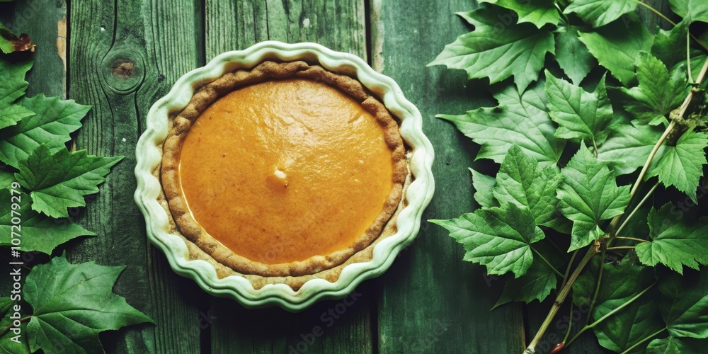 A freshly baked pumpkin pie, sitting on a rustic wooden table, surrounded by lush green leaves, exuding an aroma of autumn comfort and sweet indulgence. A freshly baked pumpkin pie, sitting on a rustic wooden table, surrounded by lush green leaves, exuding an aroma of autumn comfort and sweet indulgence.
